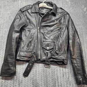 Vintage Shaf Leather Biker Jacket Men's Small Black Belted Distressed Motorcycle